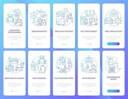 Comfortable road trip blue gradient onboarding mobile app screen set. Walkthrough 5 steps graphic instructions with linear concepts. UI, UX, GUI template. vector