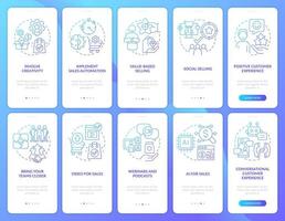 Selling trends blue gradient onboarding mobile app screen set. Trade walkthrough 5 steps graphic instructions with linear concepts. UI, UX, GUI template. vector