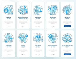 conjunto de pantalla de aplicación móvil de incorporación azul de tipos de cooperativas de negocios. tutorial corporativo 5 pasos páginas de instrucciones gráficas con conceptos lineales. interfaz de usuario, ux, plantilla de interfaz gráfica de usuario. vector