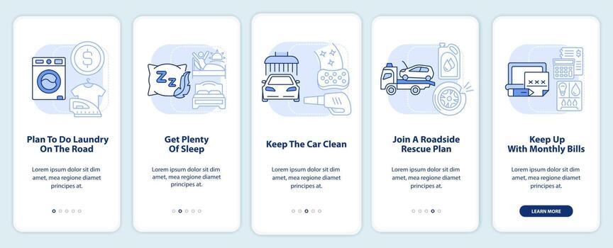 Road trip recommendations light blue onboarding mobile app screen. Walkthrough 5 steps editable graphic instructions with linear concepts. UI, UX, GUI template. vector