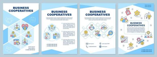 Business cooperatives blue brochure template. Partners alliance. Leaflet design with linear icons. 4 vector layouts for presentation, annual reports.