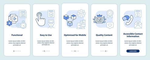 Good website characteristics light blue onboarding mobile app screen. Walkthrough 5 steps editable graphic instructions with linear concepts. UI, UX, GUI template. vector