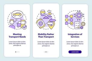 Componentes del concepto maas que incorporan la pantalla de la aplicación móvil. Tutorial del sistema de transporte Instrucciones gráficas editables de 3 pasos con conceptos lineales. interfaz de usuario, ux, plantilla de interfaz gráfica de usuario. vector