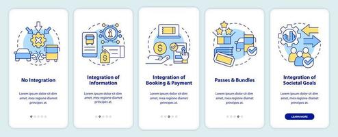 MaaS integration levels onboarding mobile app screen. Public transport walkthrough 5 steps editable graphic instructions with linear concepts. UI, UX, GUI template. vector