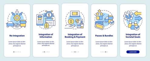 Niveles de integración maas que incorporan la pantalla de la aplicación móvil. Tutorial de transporte público Instrucciones gráficas editables de 5 pasos con conceptos lineales. interfaz de usuario, ux, plantilla de interfaz gráfica de usuario. vector