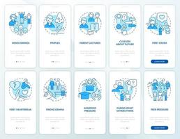 Challenges of being teenager blue onboarding mobile app screen set. Walkthrough 5 steps editable graphic instructions with linear concepts. UI, UX, GUI template. vector