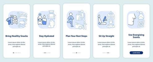 viaje por carretera hábitos saludables pantalla de aplicación móvil de incorporación azul claro. tutorial 5 pasos instrucciones gráficas editables con conceptos lineales. interfaz de usuario, ux, plantilla de interfaz gráfica de usuario. vector