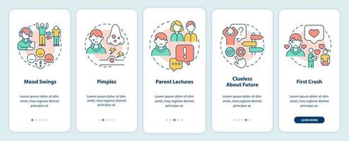 Teenage problems onboarding mobile app screen. Mood swings, pimples walkthrough 5 steps editable graphic instructions with linear concepts. UI, UX, GUI template. vector