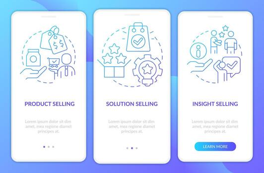 Selling techniques blue gradient onboarding mobile app screen. Sales methods walkthrough 3 steps graphic instructions with linear concepts. UI, UX, GUI template. vector