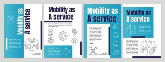 Mobility as service for passengers blue brochure template. Leaflet design with linear icons. Editable 4 vector layouts for presentation, annual reports.