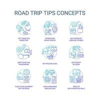 Road trip tips blue gradient concept icons set. Planning travel. Car adventure recommendations idea thin line color illustrations. Isolated symbols. vector