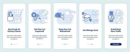 Road trip tips light blue onboarding mobile app screen. Car travel walkthrough 5 steps editable graphic instructions with linear concepts. UI, UX, GUI template. vector