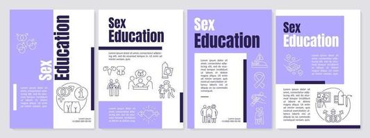 plantilla de folleto púrpura de explicación de educación sexual. desarrollo corporal. diseño de folletos con iconos lineales. 4 diseños vectoriales editables para presentación, informes anuales. vector