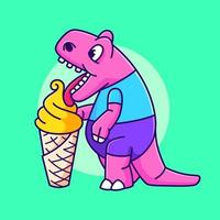 lindo dinosaurio bebiendo helado ilustración vectorial. dinosaurio de dibujos animados con ropa vector