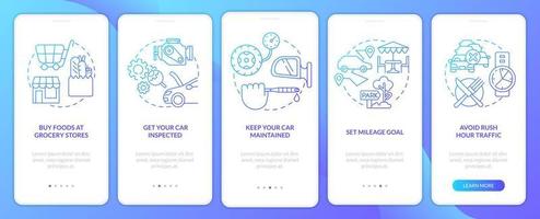 consejos de viaje por carretera pantalla de aplicación móvil de incorporación de gradiente azul. Tutorial de viaje en automóvil Instrucciones gráficas de 5 pasos con conceptos lineales. interfaz de usuario, ux, plantilla de interfaz gráfica de usuario. vector