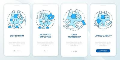 Benefits of co-ops blue onboarding mobile app screen. Partnership walkthrough 4 steps graphic instructions pages with linear concepts. UI, UX, GUI template. vector