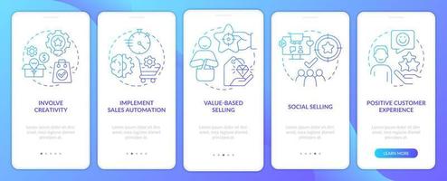 Selling tendencies blue gradient onboarding mobile app screen. Sales walkthrough 5 steps graphic instructions with linear concepts. UI, UX, GUI template. vector