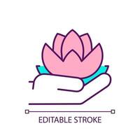 Mindfulness RGB color icon. Lotus flower in palm. Yoga and meditation practice. Wellbeing and wisdom. Isolated vector illustration. Simple filled line drawing. Editable stroke.