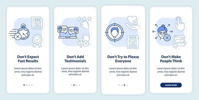 Making website donts light blue onboarding mobile app screen. Walkthrough 4 steps editable graphic instructions with linear concepts. UI, UX, GUI template. vector