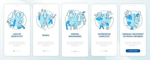 Features of dysfunctional families blue onboarding mobile app screen. Walkthrough 5 steps graphic instructions pages with linear concepts. UI, UX, GUI template. vector