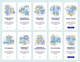 Mobility services onboarding mobile app screen set. Public transport walkthrough 5 steps editable graphic instructions with linear concepts. UI, UX, GUI template. vector
