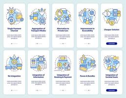 conjunto de pantalla de aplicación móvil de incorporación de servicios de movilidad. Tutorial de transporte público Instrucciones gráficas editables de 5 pasos con conceptos lineales. interfaz de usuario, ux, plantilla de interfaz gráfica de usuario. vector