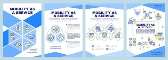 Mobility as service blue brochure template. Transportation. Leaflet design with linear icons. Editable 4 vector layouts for presentation, annual reports.