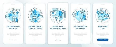 Positive communication blue onboarding mobile app screen. Walkthrough 5 steps graphic instructions pages with linear concepts. UI, UX, GUI template. vector