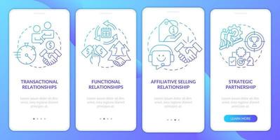 Types of sales relationships blue gradient onboarding mobile app screen. Walkthrough 4 steps graphic instructions with linear concepts. UI, UX, GUI template. vector