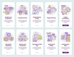University and college problems onboarding mobile app screen set. Walkthrough 5 steps editable graphic instructions with linear concepts. UI, UX, GUI template. vector