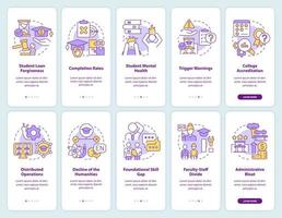 University and college problems onboarding mobile app screen set. Walkthrough 5 steps editable graphic instructions with linear concepts. UI, UX, GUI template. vector