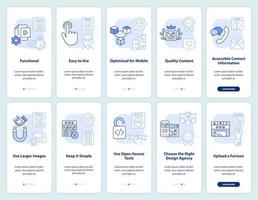 What makes website attractive light blue onboarding mobile app screen set. Walkthrough 5 steps editable instructions with linear concepts. UI, UX, GUI template. vector