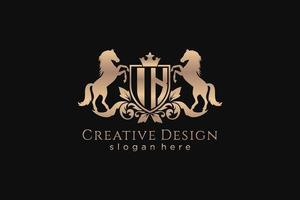 initial IK Retro golden crest with shield and two horses, badge template with scrolls and royal crown - perfect for luxurious branding projects vector