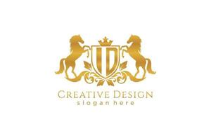 initial ID Retro golden crest with shield and two horses, badge template with scrolls and royal crown - perfect for luxurious branding projects vector