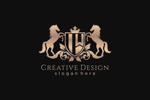 initial IW Retro golden crest with shield and two horses, badge template with scrolls and royal crown - perfect for luxurious branding projects vector