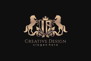 initial IP Retro golden crest with shield and two horses, badge template with scrolls and royal crown - perfect for luxurious branding projects vector