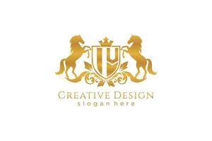initial IV Retro golden crest with shield and two horses, badge template with scrolls and royal crown - perfect for luxurious branding projects vector