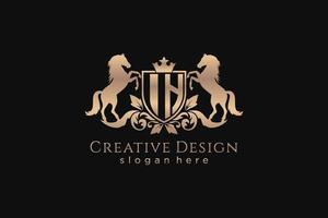 initial IH Retro golden crest with shield and two horses, badge template with scrolls and royal crown - perfect for luxurious branding projects vector