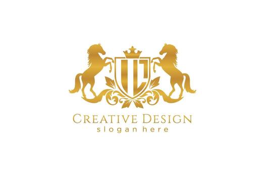 initial IL Retro golden crest with shield and two horses, badge template with scrolls and royal crown - perfect for luxurious branding projects vector