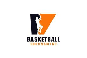 Letter V with Basketball Logo Design. Vector Design Template Elements for Sport Team or Corporate Identity.