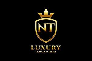 initial NT elegant luxury monogram logo or badge template with scrolls and royal crown - perfect for luxurious branding projects vector