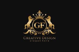 initial GF Retro golden crest with circle and two horses, badge template with scrolls and royal crown - perfect for luxurious branding projects vector