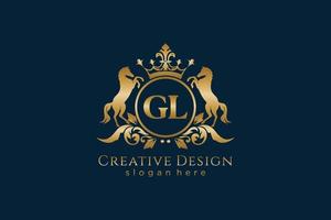 initial GL Retro golden crest with circle and two horses, badge template with scrolls and royal crown - perfect for luxurious branding projects vector
