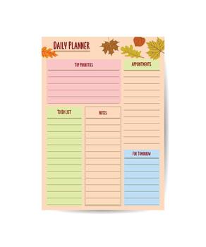 Daily Planner Template Organizer and Schedule with place for Notes Goals and To Do List Template design with autumn leaves vector