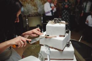 bride and groom is cutting cake photo