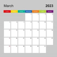 página de calendario para marzo de 2023, planificador de paredes con diseño colorido. semana comienza el domingo. vector