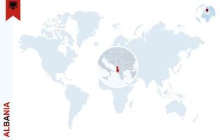 Blue world map with magnifying on Albania. vector