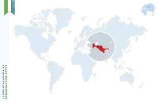 Blue world map with magnifying on Uzbekistan. vector