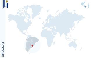 Blue world map with magnifying on Uruguay. vector