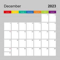 Calendar page for December 2023, wall planner with colorful design. Week starts on Sunday. vector